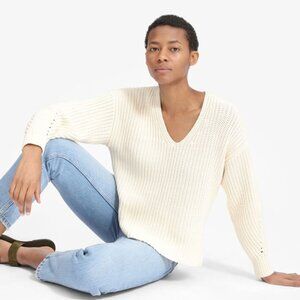 Everlane Women's Small Cropped V-Neck Cotton Chunky Sweater Ivory Off White